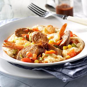 Hot Italian Sausage and Shrimp with Asiago Grits