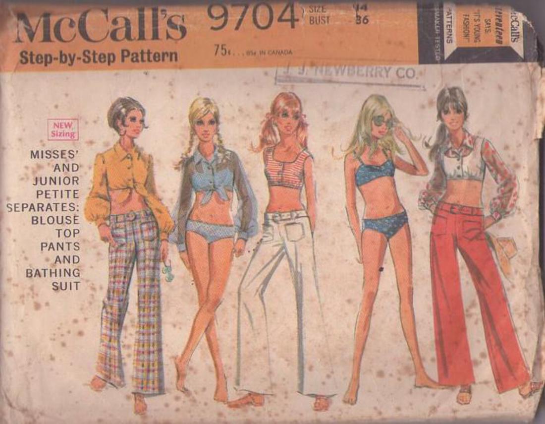 MOMSPatterns Vintage Sewing Patterns - McCall's 9704 Vintage 60's Sewing  Pattern Mod Hippie Gogo Laugh In Bikini Bra or Tie Front or Button Crop  Top, Bikini Bottoms, Hip Huggers Pants, Bathing Suit