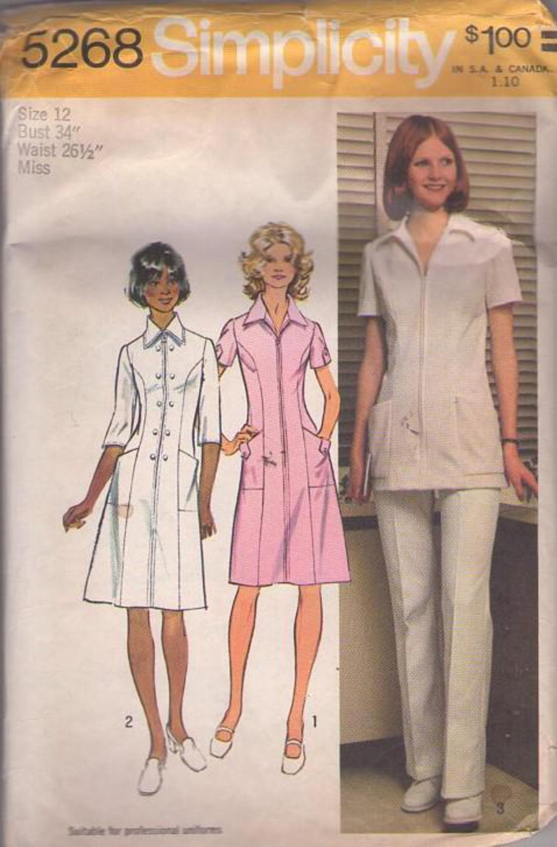 MOMSPatterns Vintage Sewing Patterns - Simplicity 5268 Vintage 70's Sewing  Pattern Retro Nurse, Medical, Dental Pro Uniform Dress, Pantsuit Tunic Top  & Pants Size 12