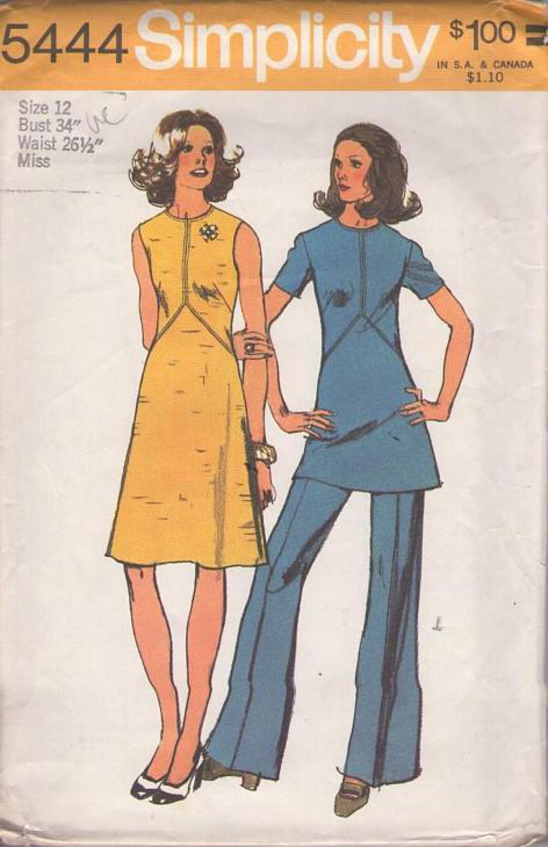 Simplicity 5444 Vintage 70's Sewing Pattern FLATTERING FIT Y Chevron  Stitching Mod Tunic Top & Flared Bell Pants Pantsuit, Secretary Dress Size  12