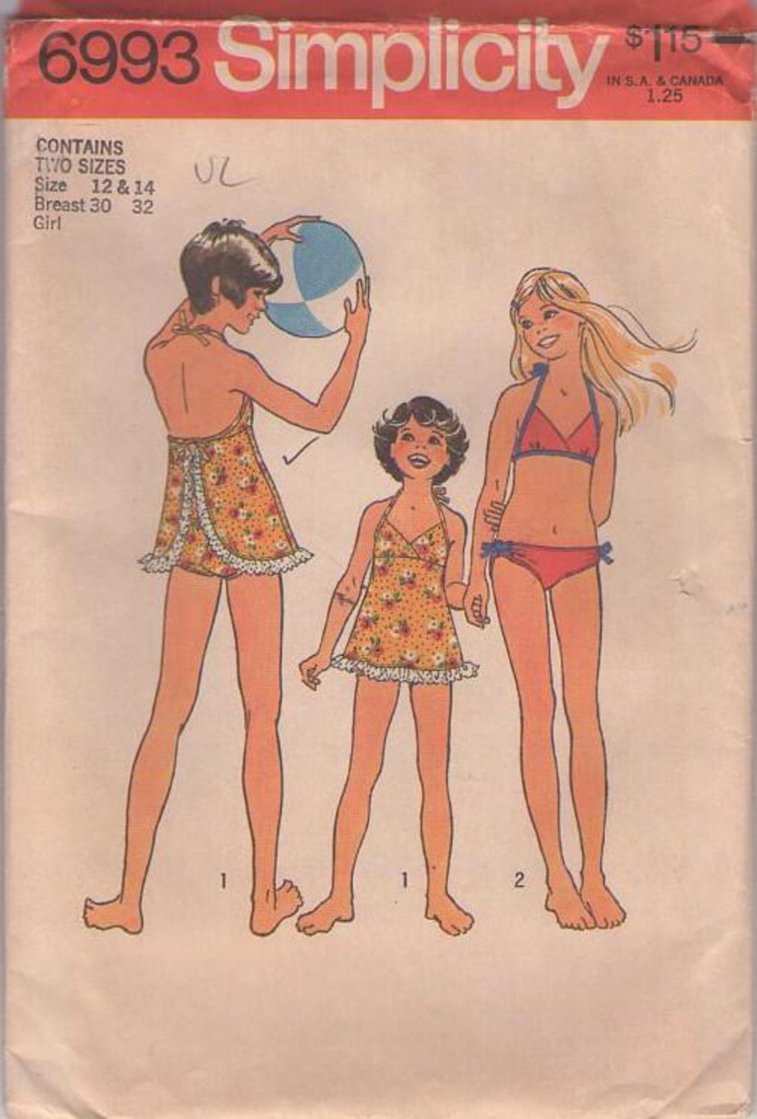 MOMSPatterns Vintage Sewing Patterns - Simplicity 6993 Vintage 70's Sewing  Pattern Teen Girls' Modest Bathing Suit, Skirted Apron Top & Briefs, Bikini  Bra Top & Bottoms Size 12-14 UNCUT