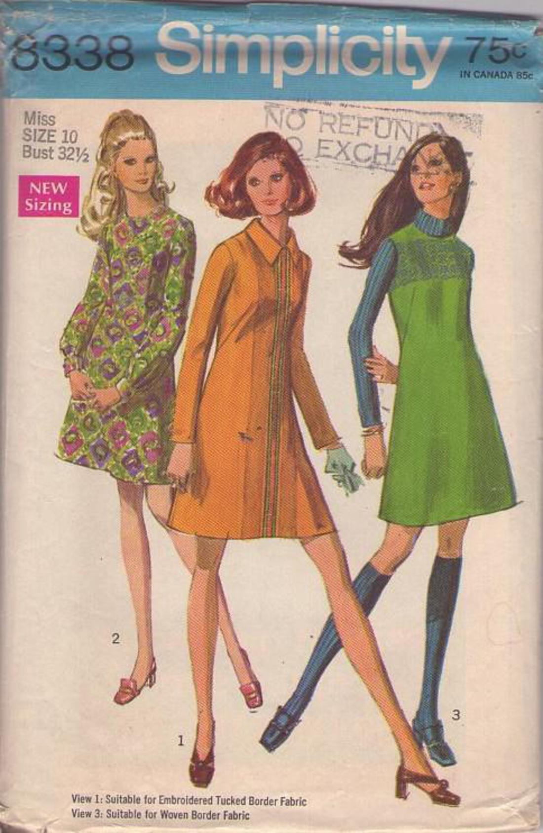 Simplicity 8338 Vintage 60's Sewing Pattern Novelty Band Trim Detail Twiggy  Mod Dress, Fit & Flared A-Line Jumper Set Size 10