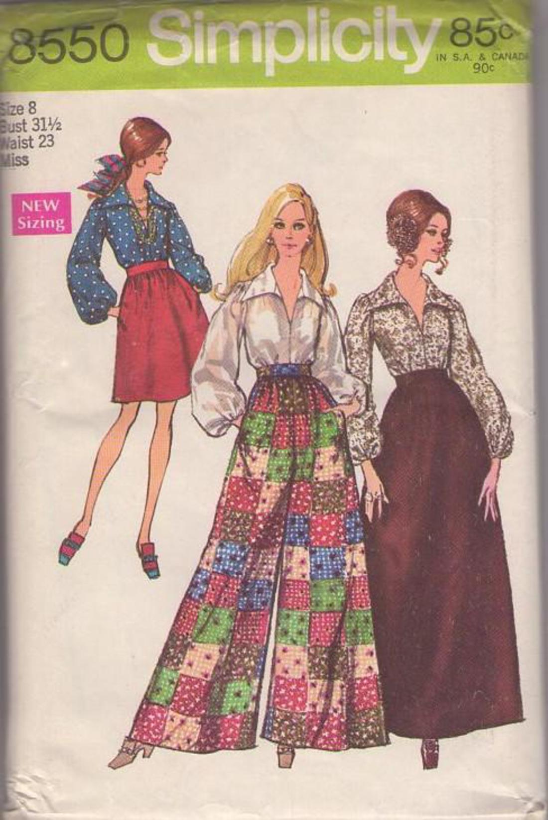 MOMSPatterns Vintage Sewing Patterns - Simplicity 8550 Vintage 60's Sewing  Pattern Mod Hostess Palazzo Pants, Wing Collar Blouse, Bell Shaped Short &  Maxi Skirt Size 8 CUT