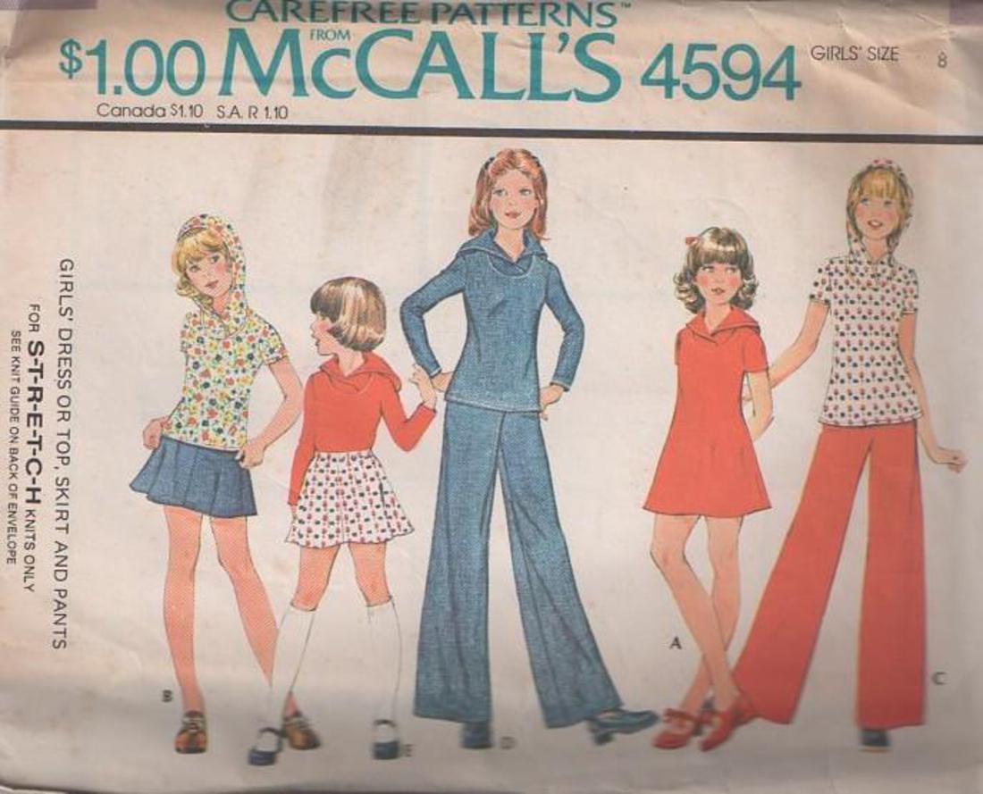 Brady bunch mini skirts Momspatterns Vintage Sewing Patterns Mccall S 4594 Vintage 70 S Sewing Pattern Super Cute Girls Flared Brady Bunch Mini Skirt Inset Hood Top Or Dress Pants Size 8