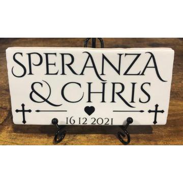 Personalised wedding tile with names and date, hand made in Spain, subway tile, customised and perso