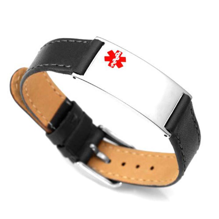 #1069BL Black Leather Watch Style Adjustable Medical ID Bracelet ...